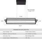 Modern LED Linear Rectangle Chandelier Dimmable 35.4” Kitchen Island Lighting, Contemporary Hanging Linear Led Pendant Chandelier Light Fixture for Dining Room Hallway Bar Black