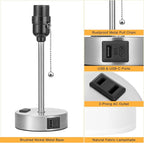 White Bedside Lamp for Bedroom - 3 Color Temperatures Desk Lamp with USB C and A Ports, Pull Chain Table Lamp with AC Outlet, Nightstand Lamp with Silver Metal Base for Kids Girls