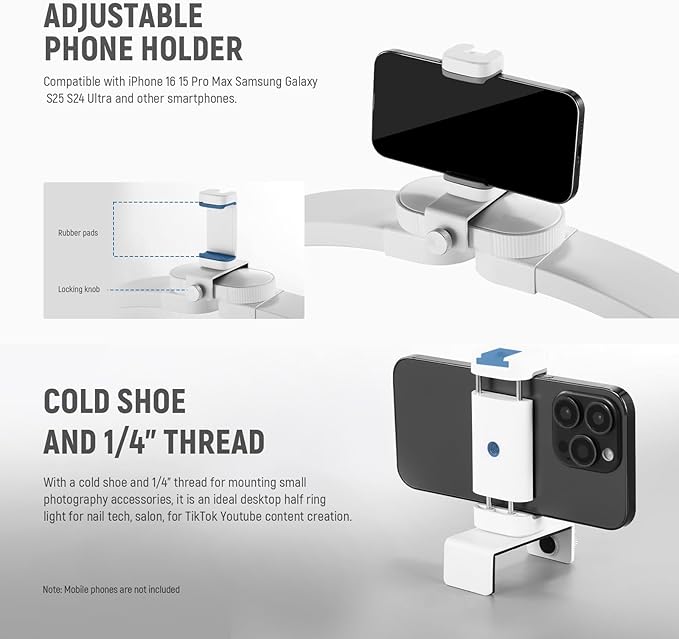 NEEWER BASICS 23" Half Moon Nail Light for Desk, 308 LEDs 28W Bi Color CRI85+ Foldable Nail Tech Table Arc Lamp with Overhead Phone Mount for Manicure Handicraft Lighting Beauty Video Recording,HM04-D