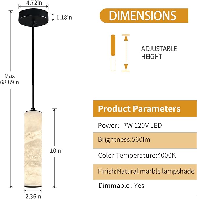 LMQNINE Natural Alabaster Pendant Lights for Kitchen Island White Marble Long Tube Chandelier Modern Black Ceiling Light Fixtures for Bedroom Dining Room Table Living Room Hallway(S-1Pack)