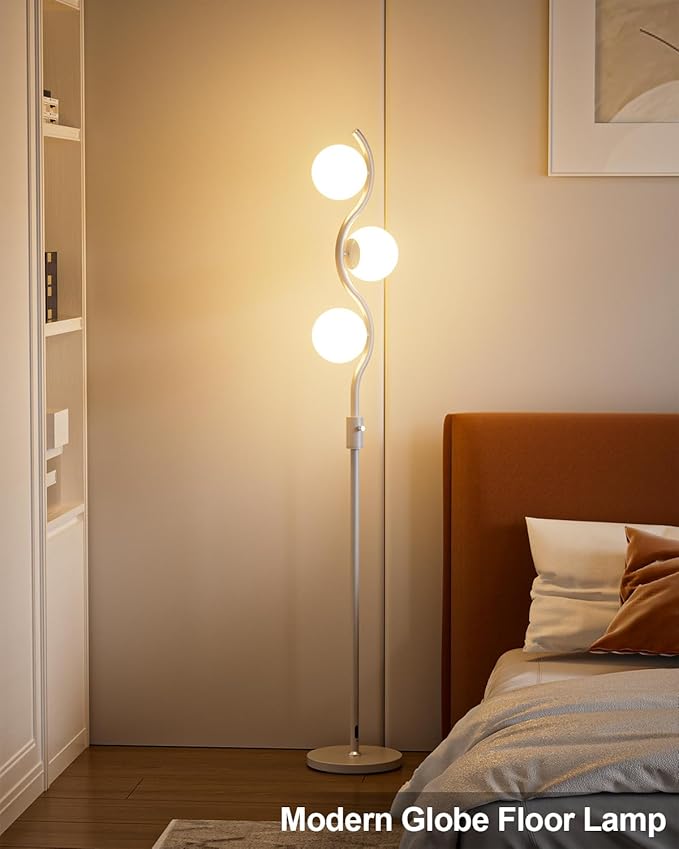 Lightdot 60IN Dimmable (Brightness Adjustable) White Floor Lamp, Mid Century Standing Lamps with 3 Globe Soft Warm White Eye Care 3000K Bulbs Included, Modern Tall Lamp for Bedroom Office