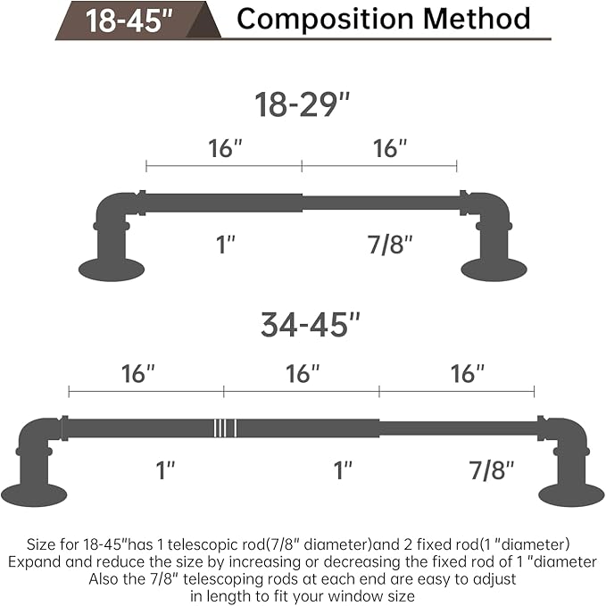 Black Curtain Rods 18 to 45 Inch, Industrial Curtain Rods,Adjustable Length,1 in Diameter Pipe,Wall or Ceiling Mounted,for Bedroom and Living Room(Black 18” to 45”)
