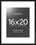 Homeforia 16x20 Black Wood Frame, High End Oak 16x20 Picture Frames with Mat 11x14 Photo, 16 x 20 Wooden Poster Frame Matted to 11 by 14 Print, 20x16 Hanging Frames, Tempered Glass, Wall Kit, Set of 1