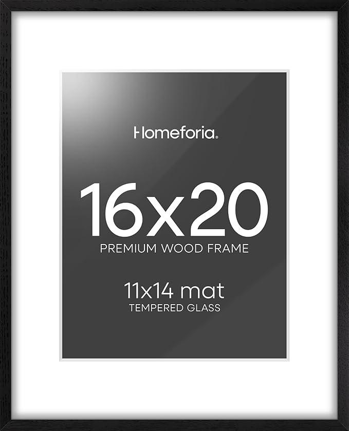 Homeforia 16x20 Black Wood Frame, High End Oak 16x20 Picture Frames with Mat 11x14 Photo, 16 x 20 Wooden Poster Frame Matted to 11 by 14 Print, 20x16 Hanging Frames, Tempered Glass, Wall Kit, Set of 1