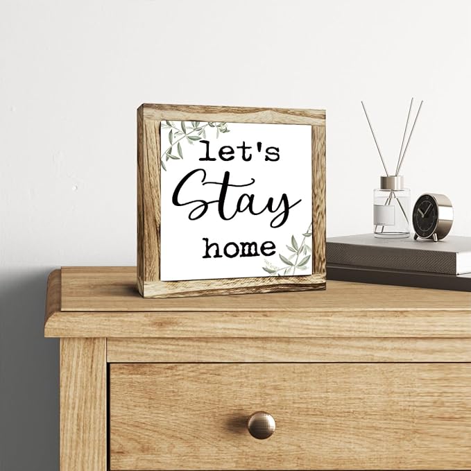 Rustic Wooden “Let’s Stay Home” Sign – Wooden Plaques Sign Table Decor, Shelf or Desk Decor, Farmhouse Living Room and Family Room Decoration, Cozy Home Accent and Housewarming Gift