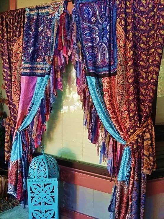 2 PCS of Indian Silk Saree Curtain Window Boho Gypsy Hippy Bohemian Wall Hanging Hippy Room Decor Curtain, Pack of 1