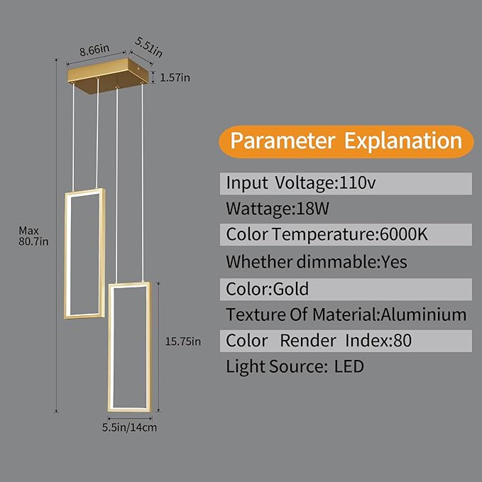 Modern Kitchen Pendant Light Fixture Gold 18W LED Pendant Light 2 Rings Rectangle Chandelier Pendant Lighting for Kitchen Island Living Room Dining Room Bedroom