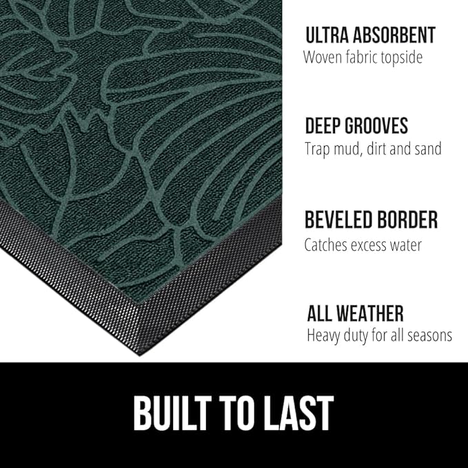 GORILLA GRIP 100% Waterproof All-Season WeatherMax Doormat, 60x24, US Designed Natural Rubber, Stain and Fade Resistant, Low Profile Indoor Outdoor Door Mats, Easy Clean Patio Mat, Green Palm