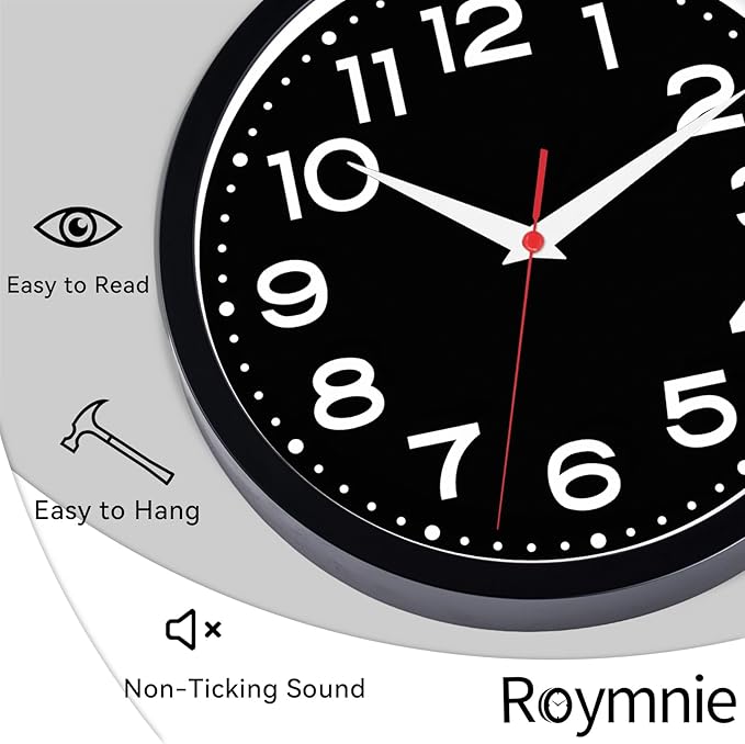 Wall Clock Silent Non-Ticking Modern Clock Battery Operated 8 Inch Small Classic Analog Decorative for Kitchen, Living Room, Office, Bedroom, Bathroom (Black Black)