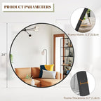 BEAUTYPEAK 24 Inch Round Mirror, Metal Frame Circle Mirror, Wall Mounted for Entryway, Bathroom, Vanity, Living Room, Black