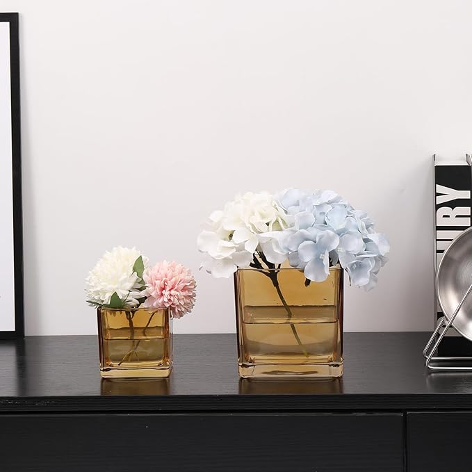 Square Flower Vases Set of 4, 3"x 3"x 3" Glass Vases for Centerpieces, Amber Vase for Flowers, Small Vase for Wedding, Party, Home Office Decoration
