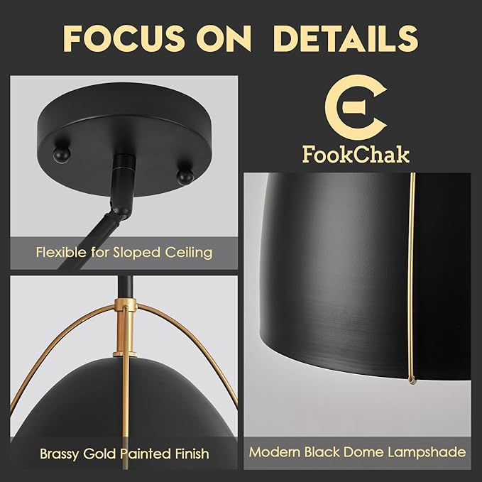 Black Dome Pendant Light 3 Light Socket Large Pendant Light Fixture with Adjustable Pendant Rod 12in Black Gold Pendant Lighting for Kitchen Island Dining Room Kitchen Sink, E26