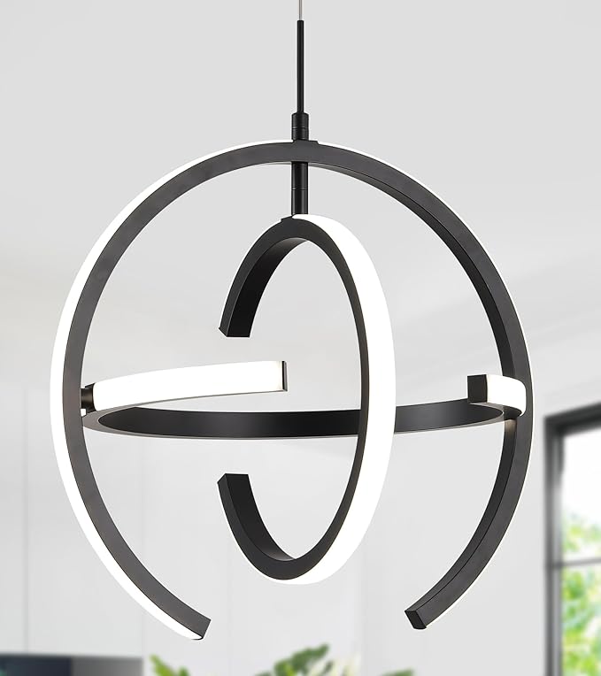Q&S Modern Led Chandelier,Black Round Globe Hanging Pendant Light for Entryway Kitchen Island Dining Room Living Room Stairway