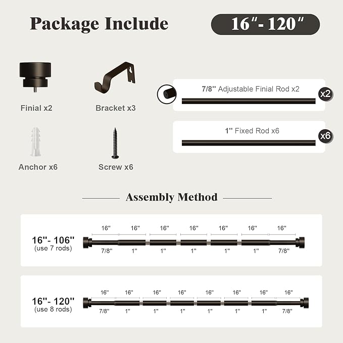 Oneach Brown Curtain Rods for Windows 66 to 120 Inch, 1 Inch Pole Adjustable Length Heavy Duty Metal Curtain Rod Set, for Outdoor Bedroom Kitchen Living Room (16 to 120 Inch)