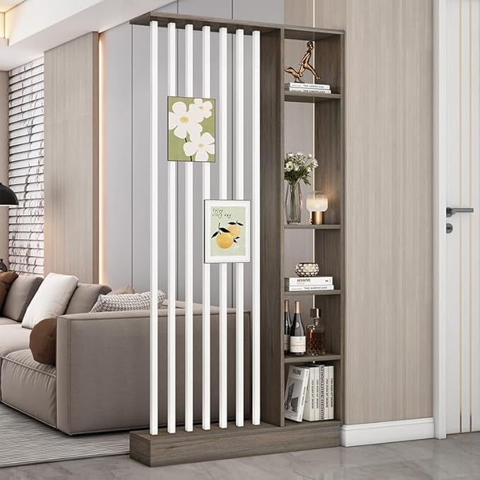 Wall Room Divider, Storage Cabinet Storage Display with Shelves, Modern Freestanding Wood Room Divider Screen, Wall Privacy Screens for Home Decorative (Grey Oak+White,39.5" L x 9.5" W x 79.5" H)