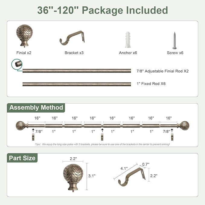 Silver Curtain Rods for Windows 66 to 120 Inch,1'' Diameter Drapery Rods with Leaf Pattern Finials,Boho Adjustable Heavy Duty Curtain Rods Set,36-120'',Retro Silver