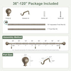 Silver Curtain Rods for Windows 66 to 120 Inch,1'' Diameter Drapery Rods with Leaf Pattern Finials,Boho Adjustable Heavy Duty Curtain Rods Set,36-120'',Retro Silver