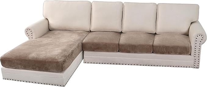 H.VERSAILTEX Velvet Stretch Sectional Couch Covers 4 Pieces Sofa Seat Cushion Covers L Shape Separate Cushion Couch Cover for Both Left/Right Sectional Couch (Large Sofa 3 Seater + 1 Chaise, Taupe)