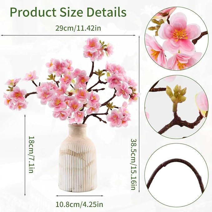 Fake Flower with Vase,3pcs Real Touch Pink Cherry Blossom Flowers in Vintage Ceramics Vase for Home Bathroom Office Desk Party Centerpiece Coffee Table Decor