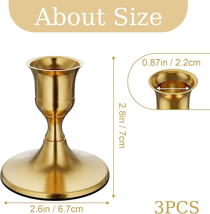 Brass Gold Taper Candle Holders Set of 3, Vintage Metal Candlestick Holders for Dinner Room Table Centerpiece or Mantel Wedding Party Decor