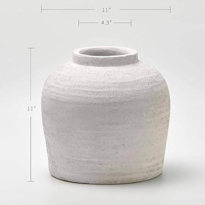 LB2 Large White Ceramic Vase, 11" Tall Zen Style Rustic vase, Terra Cotta Pitcher Vase, Distressed Farmhouse Decor, Pottery Decorative Flower for Home Decor (H 11" X 11")