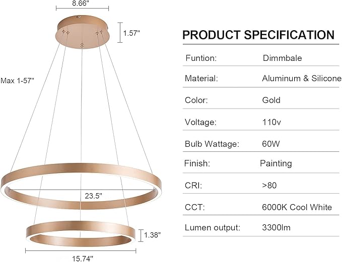 MADEM Modern LED Chandelier 2-Ring Circular Dimmable Pendant Light Contempoary Chanderlier Flush Mount Pendant Lighting for Living Room Dining Room, Bedroom,3000K-6000K, Gold, 60W