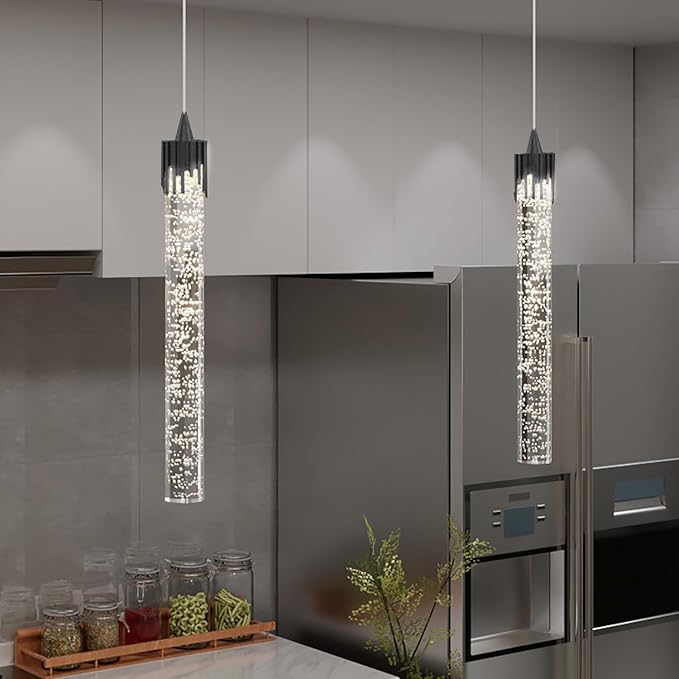 Modern Pendant Lights Kitchen Island Black Crystal Mini Pendant Light with Dimmable LED 2700K-6000K,Bubble Crystal Chandelier Dining Room and Bar - 1 Pack