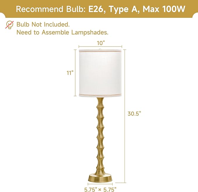 30.5" Gold Table Lamps for Living Room, Gold Buffet Lamp Set of 2 for Sideboard, Modern Golden Lamps Set of 2 Tall Skinny, Tall Golden Bamboo Lamp for Home Office, Skinny Candlestick Lampset