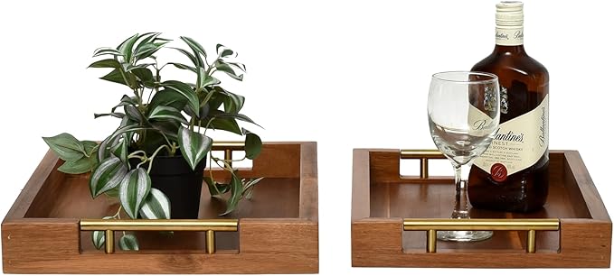 Set of 2 Acacia Wood Serving Trays with Gold Metal Handles for Food Serving, Appetizers & Snacks - Ideal for Bed, TV, Ottoman or Coffee Table Décor, Home Decoration Accessory 15.75x11.8 Inch