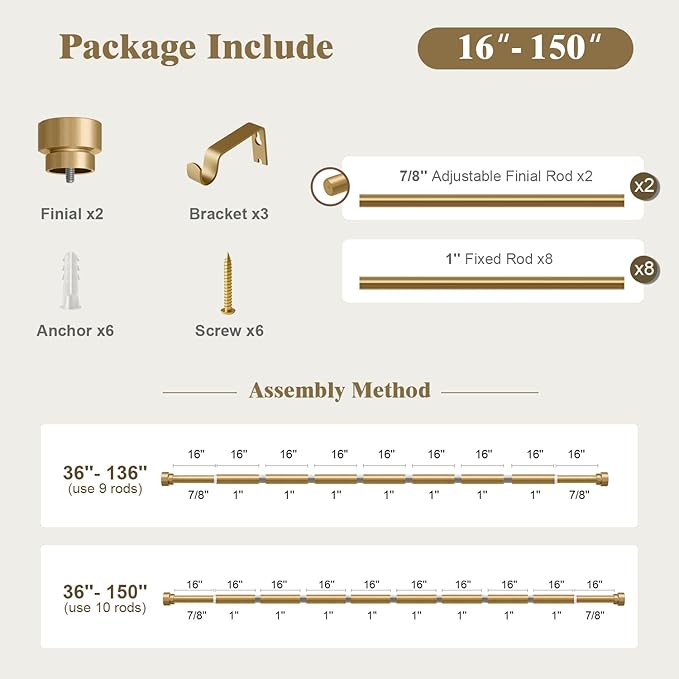 Oneach Gold Curtain Rods for Windows 72 to 144 Inch, 1 Inch Pole Adjustable Length Heavy Duty Metal Curtain Rod Set, for Outdoor Bedroom Kitchen Living Room (16 to 150 Inch)