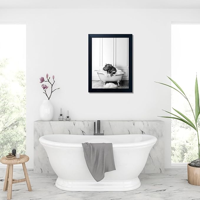 Black and White Bathroom Decor Funny Hippo in Bathtub Wall Art Framed Humor Bathroom Signs Cute Animal Canvas Print Painting Artwork