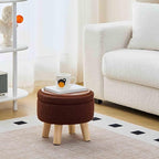 Wimarsbon Storage Ottoman, Modern Round Footrest with Soft Padded Seat, Teddy Velvet Footstool with Wood Legs, Accent Small Table or Plant Stand for Hallway, Living Room (Brown)