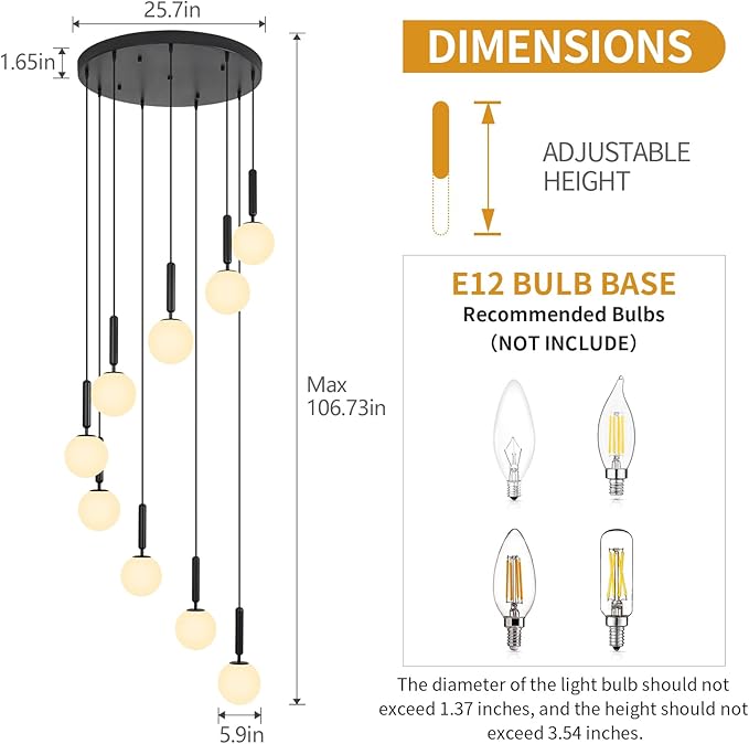 9-Lights Black Chandelier with Milk White Glass Mid Century Modern Globe Pendant Light for Foyer Living Room Entryway Hallway