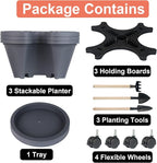 Vertical Planter 3 Tier Stackable Planters Garden Planters Strawberry Herb Flower and Vegetable Planter Indoor Outdoor Gardening Pots with Removable Wheels and Tools