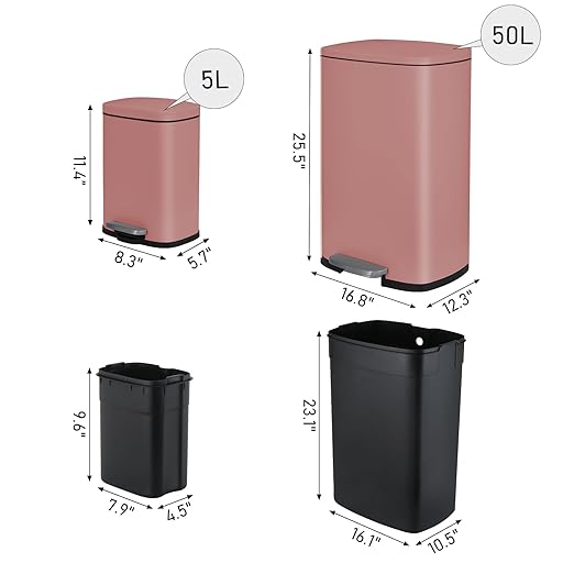 Arlopu 13.2+1.3 Gallon Step Trash Can, Stainless Steel Garbage Bin, Soft-Close Rubbish Bin with Removable Plastic Inner Bucket, Fingerprint-Proof, Lid Dustbin, for Kitchen Home (Pink)