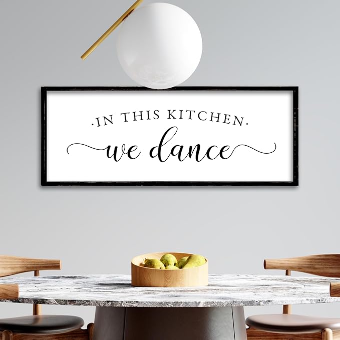 ZZJJHYWGQ In This Kitchen We Dance Sign Wall Decor 32"×12" Farmhouse Funny Kitchen dining room Signs Horizontal Wooden Framed hanging Art (Black)