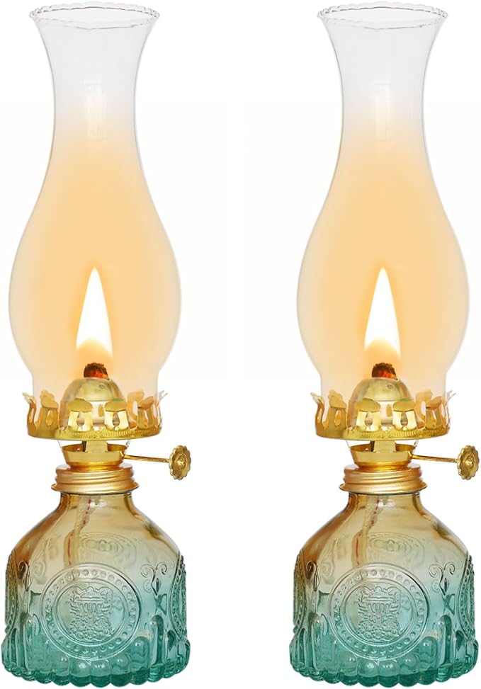 Glass Oil Lamp 2Pack, Oil Lamps for Indoor Use - 11"x3" Gradient Green Antique Kerosene Lamp, Vintage Oil Lantern for Home Decor, Outdoor Tabletop, Emergency Lighting & Props