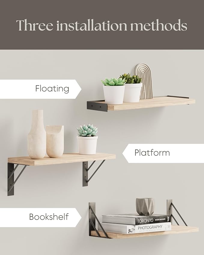 BAYKA Wall Shelves for Bedroom Decor, Floating Wall Shelves for Living Room Kitchen Storage, Wall Mounted Rustic Wood Floating Shelves for Kids Books, Corner Shelves for Bathroom(Brown，Set of 3)