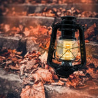 YAKii LED Vintage Lantern Metal Hanging Hurricane 12 LED Dimmer Switch Warm White Battery Operated Power Outage Indoor Camping Lighting Outdoor Brooklyn Decoration(Black)