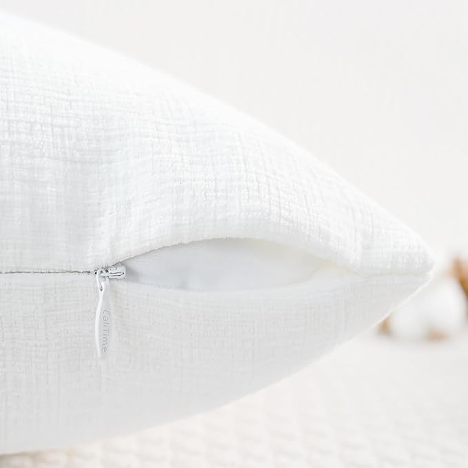 CaliTime Throw Pillow Covers Decorative 20 X 20 Inches Pack of 2 Cozy Chenille Cushion Cases for Couch Sofa Bed Living Room Home True White