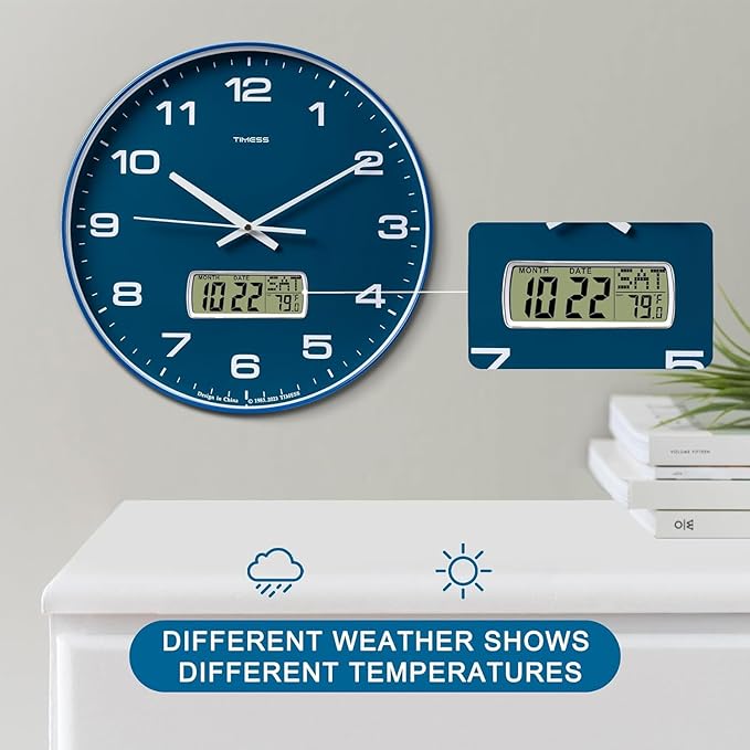 Wall Clock, 13" Dial Non-Ticking Silent Battery Operated Analog with LCD Display for Perpetual Calendar and F° Temperature, Ideal Modern Home, Office Decor (Blue)