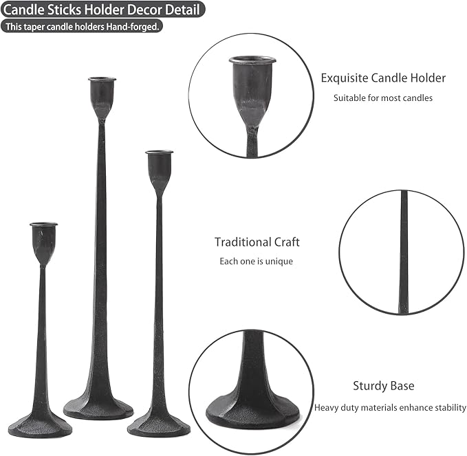 Black Taper Candle Holders Set of 3, Heavy Candlesticks Holders Decorative Candle Stand for Table Centerpiece, Cast Iron Candle Stick Holder Decor