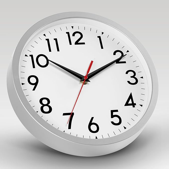 12 Inch Wall Clock Battery Operated Silent Non Ticking Analog Modern Decorative for Office Kitchen Outdoor Living Room Classroom Bedroom Bathroom School(Silver)