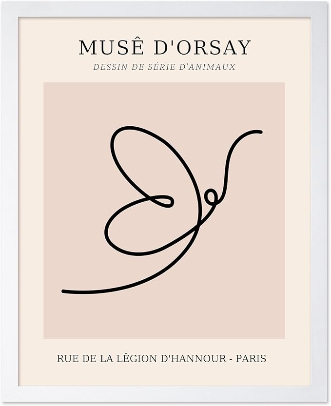 Poster Master Vintage Poster - Retro One Line Butterfly Drawing Print - Butterfly Line Art - Minimal Gift for Him, Her, Animal Lover - Abstract Decor for Home, Office, 8x10 White Framed