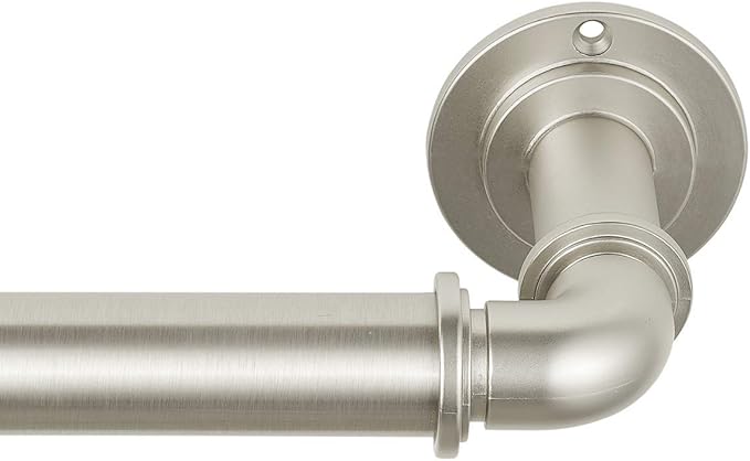 MODE Industrial Room Darkening Collection 1 1/8" Diameter Industrial Curtain Rod Set with Steel Wall Mounted Adjustable Curtain Rod, Blocks Light, Fits 72” to 144” Windows, Brushed Nickel