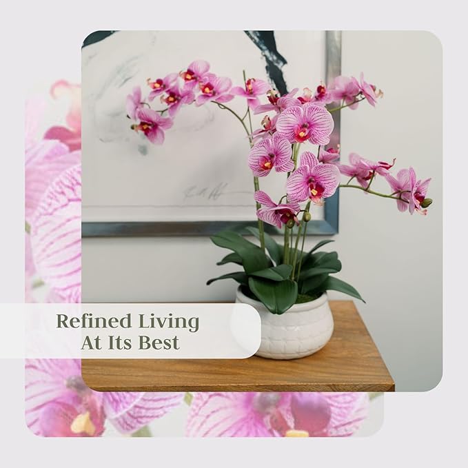 CG Hunter Faux Purple Orchid Plant, Premium Artificial Indoor Flower Display Stands 23”, Beautiful Sculptural Blooms That Lasts Forever, White Planter Pot Included