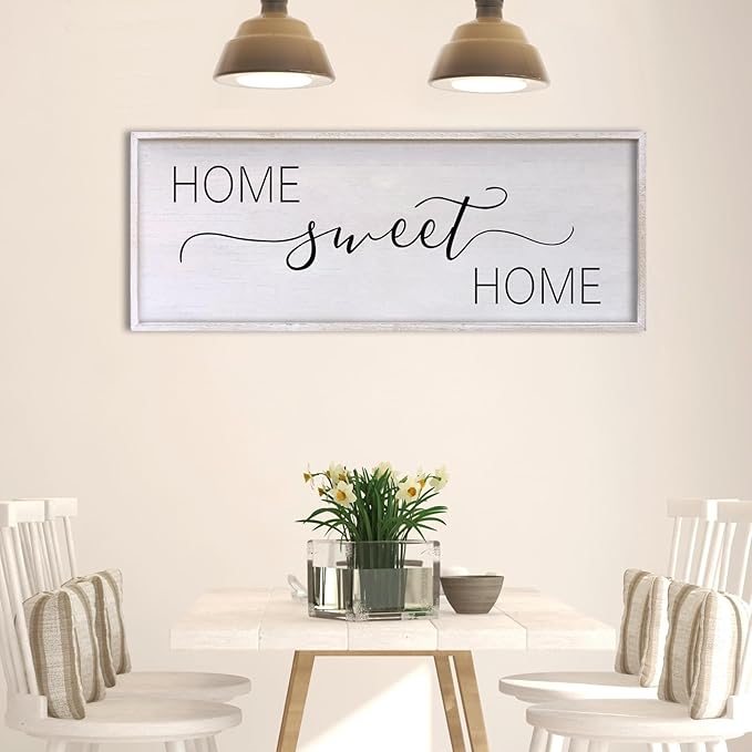 Home Sweet Home Sign Wall Decor 40"x15" Above Bed Living Room Large Wooden Framed Family Plaques Art (White)