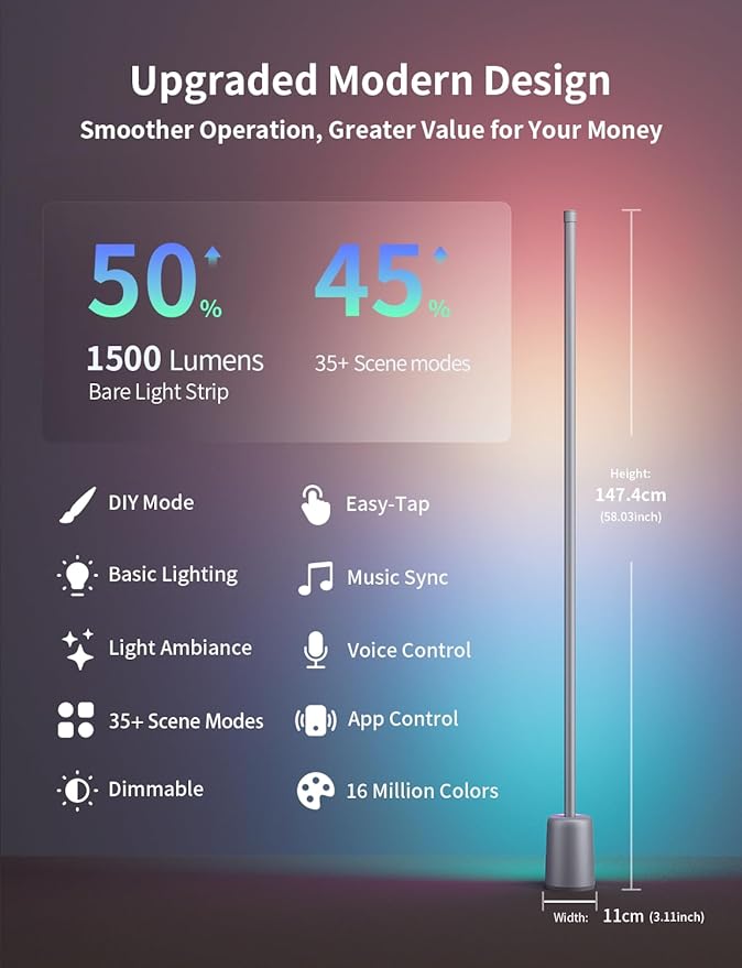 Ailofy Corner Floor Lamp, 1500lm RGBW Corner Lamp Work with Alexa & Google Assistant, 16 Million DIY Colors, Sync with Music, App Control, Modern LED Floor Lamp for Living Room & Bedroom, Silver Grey