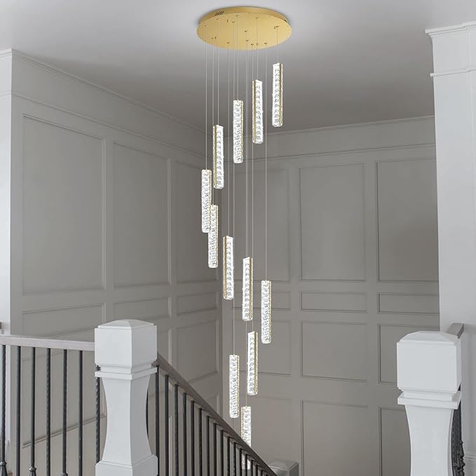 Long Spiral Crystal Chandelier Lighting for Foyer 12-Light Gold Staircase Chandelier High Ceiling Slopped LED Dimmable 2700K-6000K