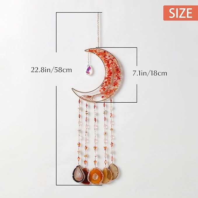Agate Gemstone Dream Catcher 7 Chakra Tree of Life Dream Catcher with Rainbow Crystal Stones Handmade Dreamcatcher Wall Decor for Adults Boys Girls,Bedroom,Wedding,Garden,Bless Gift(Orange Moon)